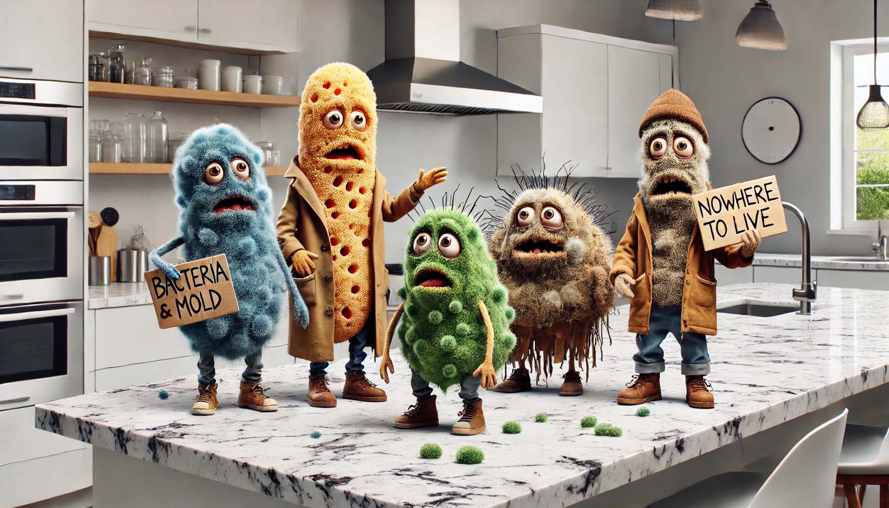 A humorous scene featuring caricatures of bacteria and mold appearing as homeless figures on top of a quartz countertop after a Rossle Homes Kitchen Remodel